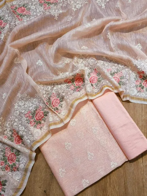 Pure Silk Linen Suit Set with Exquisite Floral Embroidery Work